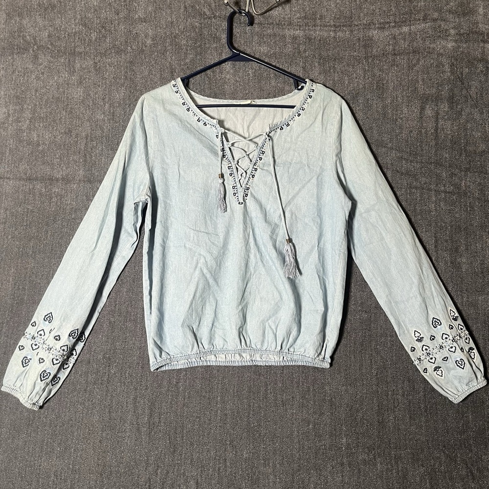 Aéropostale Womens S Blue Chambray Solid V-Neck Lace-Up Tassel Blouse Top